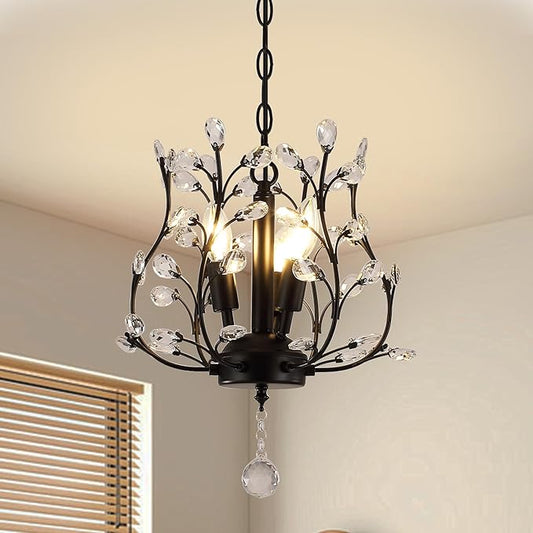 Small Black Crystal Chandelier, Farmhouse 3-Light Branch Crystal Pendant Light with 47.2'' Adjustable Chain, Vintage 13.8'' Ceiling Hanging Light Fixture for Dining Room, Kitchen, Entryway