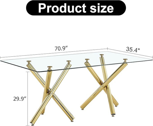 71” Rectangle Dining Table, Large Modern Dining Table for 6–8 People with 0.4" Thickened Tempered Glass Top, Glass Kitchen Table with Gold Metal Legs for Dining Room