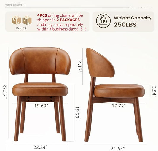 MALOL Wooden Dining Chairs Set of 4, Modern Upholstered Dining Room Chair, PU Leather Kitchen Side Chairs with Curved Open Back for Living Room/Restaurant/Cafe, Brown