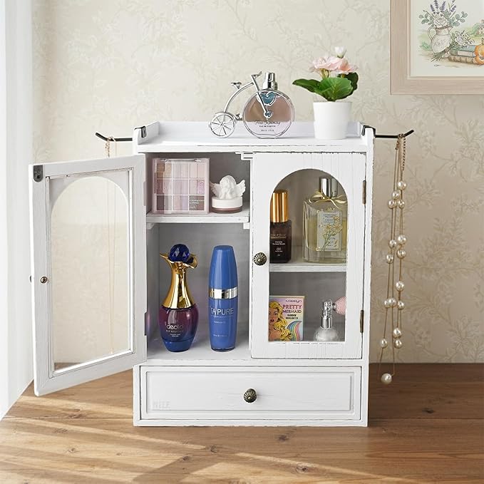 Ikee Design Wooden Countertop Storage Cabinet with Magnetic Door, Adjustable Shelves, Removable Hooks and Drawer for Perfume, Makeup, Pantry, Antique White, 12.2 W x 6 D x 15.7 H in