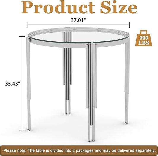 37" Round Bar Table, Modern High Pub Table with Clear Tempered Glass Top and Polished Silver Stainless Steel Legs, Counter Height Table for Kitchens, Apartments, and Small Spaces