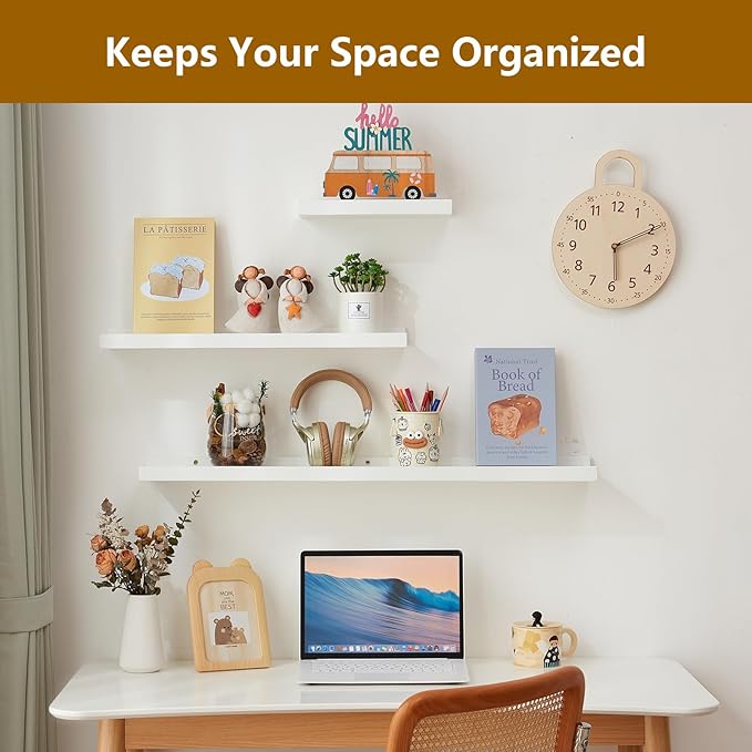 Oak Floating Shelves White for Wall 12 Inch (Upgrade Width 6"), Natural Wood Wall Shelves Display Picture Ledge Shelf for Living Room Bedroom Bathroom Kitchen Office Decor and Storage
