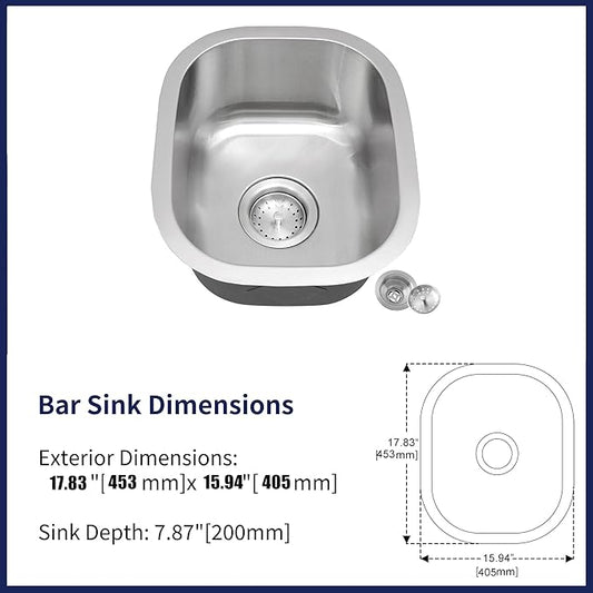 Bar Sink,17.83” x 15.94”Undermount Kitchen Sink, T-304S Stainless Steel RV Kitchen Sinks, Small Kitchen Sinks With Sink Drain Strainer, Use at Rv, Bar,Outdoor, Laundry and Utility,Bathroom