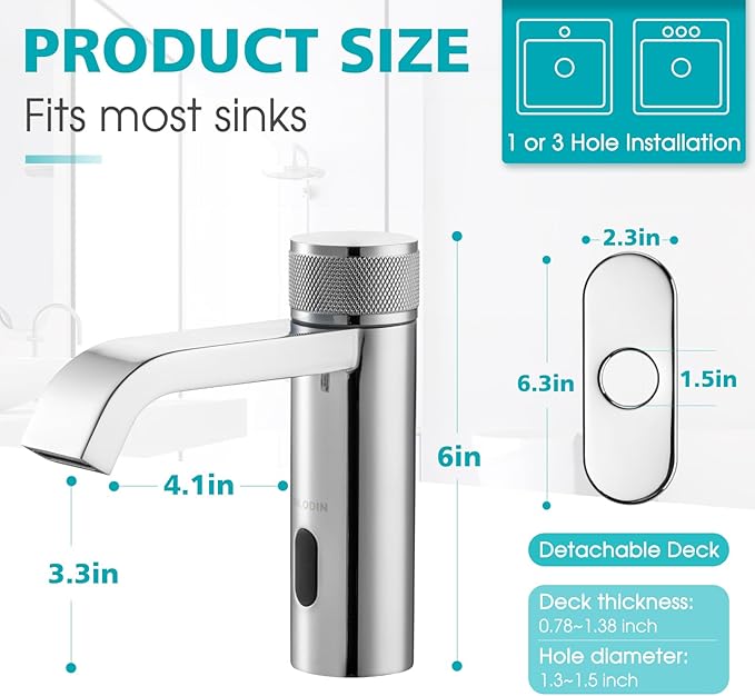 Automatic Sensor Touchless Bathroom Faucet, Manual Waterfall Faucets with Temperature Control Knob, Modern Chrome Sink Faucet Stainless Steel, Hands Free Lavatory Faucets for Single Hole