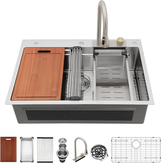 Sarlai 30 Inch Waterfall Kitchen Sink Drop In - 30x22 Waterfall Drop Workstation Stainless Steel 16 Gauge Multifunction Single Bowl Smart Top Mount Kitchen Sink with Faucet Combo