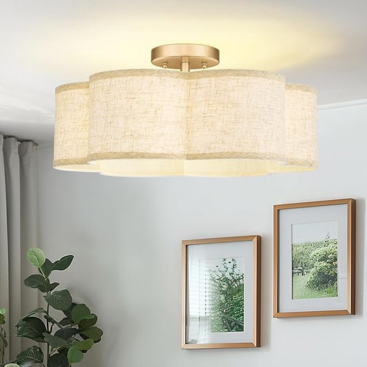 Semi Flush Mount Ceiling Lights, 6-Light 18" Gold Light Fixtures Ceiling Mount with Fabric Shade in Flower Shape, Drum Lighting Fixture for Nursery Bedroom Kitchen, AD-22007-6SF-GD-B