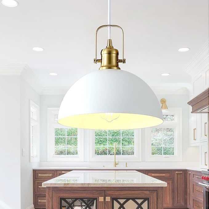 Matte White Pendant Lights Kitchen Island 3 Pack, Modern Farmhouse Hanging Light Fixtures with Gold Interior, Hardwired Metal Ceiling Lighting Over Sink Dining Room