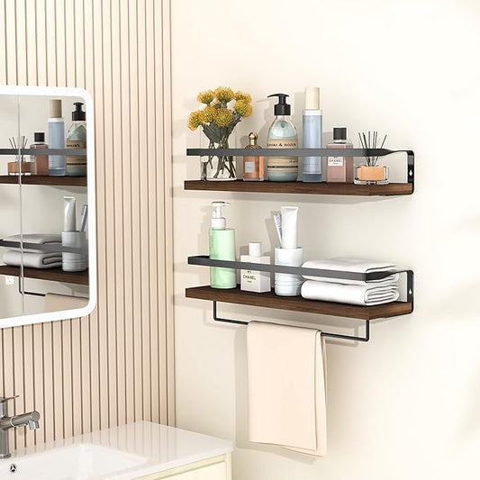 Bathroom Shelves with Towel Bar,Floating Shelves for Bathroom, Kitchen, Bedroom, Paulownia Wood, Matte Black Metal Frame - Set of 2 (Rustic Brown)