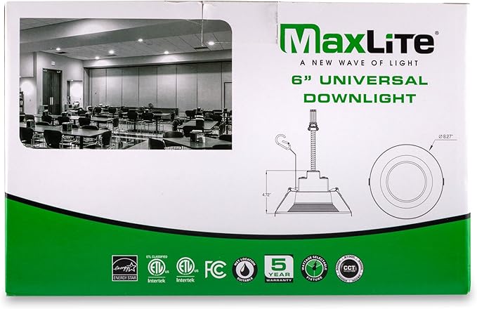Maxlite RCF6T10WCS Universal Downlight 6 Inch LED Recessed Light - White, Canless, 2700K, 3000K, 3500K, 4000K, 5000K CCT Selectable, 120-277V, Dimmable to 10%, Wet Location Suitable, 107 Degree Angle