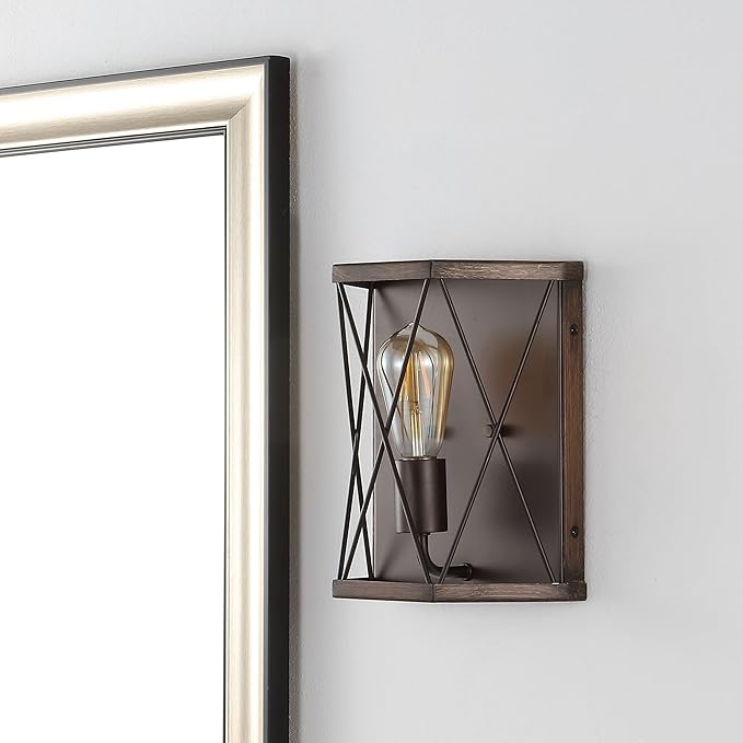 JONATHAN Y 8.25" Wood Finished/Oil Rubbed Bronze 1-Light Iron Sconce, Rustic Farmhouse X-Frame Wall Lantern for Entryway Hallway, Modern Industrial, LED Bulb Included JYL1309A