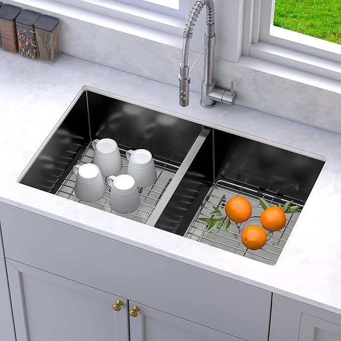 YITAHOME Black Kitchen Sink 33in Undermount 50/50 Double Bowl 16 Gauge Stainless Steel Nano Gunmetal Black Bar Sink with Accessories for Workstation, Prep Kitchen, 33 x 19 x 10in