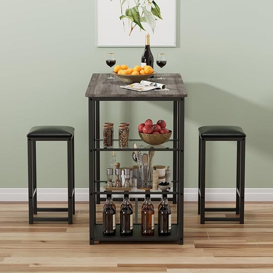 VECELO Dining Table Set for 2 with 3 Storage Shelves,Counter Height Kitchen Table and Chairs with Pu Cushion Chairs & Wood Top for Small Space,Dining Room,Apartment,Light Gray