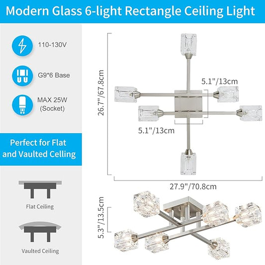XINGQI Brushed Nickel Ceiling Light Fixture 6-Light Modern Sputnik Chandelier Semi Flush Mount Ceiling Lights for Bedroom Dining Room Living Room Entryway