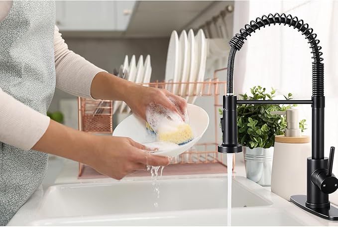 DJS Kitchen Faucets with Pull Down Sprayer Matte Black - Dual Mode Setting Single Handle 1 or 3 Holes Commercial Black Kitchen Sink Faucet with Deck Plate for Farmhouse RV Vessel Basin