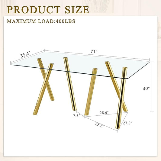 Rectangular Glass Dining Table 71 Inch Modern Rectangular Kitchen Table with Metal Legs Durable Stylish Dinner Table for Dining Room Kitchen