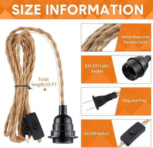 Tuanse 4 Pack Pendant Light Cord, 15ft Plug in Kit with Switch, Industrial Vintage E26 E27 Socket Set for Edison Bulbs, Farmhouse Decor, Retro Lamp Cable DIY