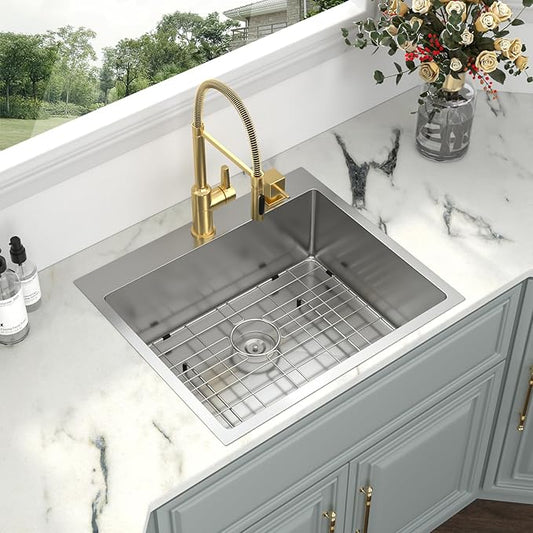Kichae 25 Inch Drop In Kitchen Sink - 25x22 Drop Sink Stainless Steel 16 Gauge Single Bowl Topmount Deep Basin Drop Kitchen Sinks Round Corner Handmade Sink