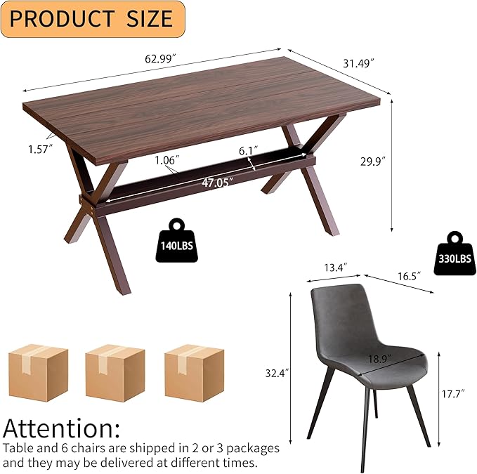 HIPIHOM 63" MDF Dining Table and PU Leather Dining Chairs Set for 4, Heavy Duty Metal Base, Kitchen Tables Ideal for Small Spaces and Everyday Meals