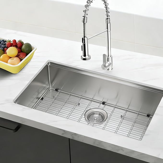Sanycasa Stainless Steel Kitchen Sink Grid – 30-5/8” x 15-1/2” Sink Protector for Single Bowl Sinks – Rear Drain with Corner Radius 3/8", Durable Sink Grate & Drying Rack for Glassware