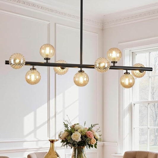 Mid Century Modern Glass Globe Sputnik Chandelier, 9-Light Linear Chandeliers for Dining Room, Kitchen Island, Living, Dining Room Light Fixture Over Table, Black and Amber Bubble, 40 Inch