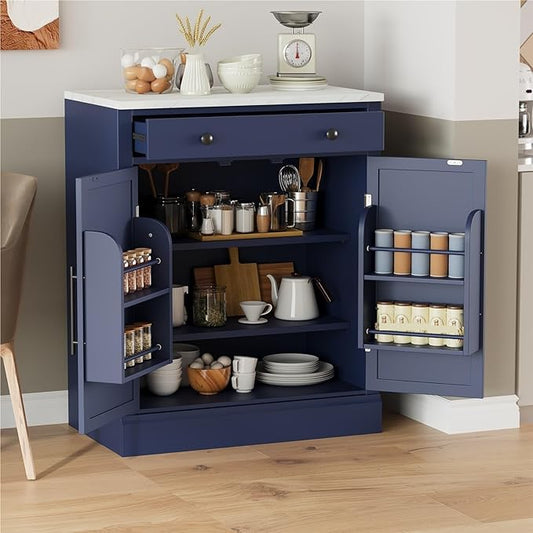 Modern Freestanding Kitchen Pantry Buffet Food Storage and Coffee Station Cabinet with Drawer 2 Adjustable Shelves and 2 Door Shelves Practical(Blue)