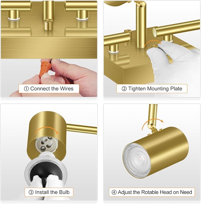 BoostArea 3 Light Track Lighting Fixtures Ceiling, Gold Kitchen Lighting Fixtures Ceiling, LED Track Lighting Kit, Rotatable Light Heads, Modern Track Lights for Kitchen/Living Room/Hallway, No Bulb