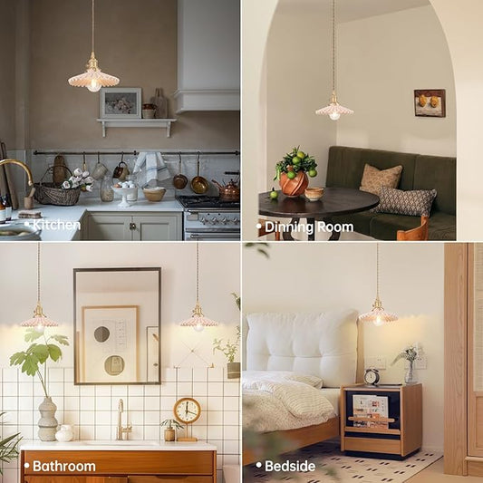 Shenmoyl Pendant Light with Pink Pleated Ceramic Lmapshade, Brass Vintage Pendant Light Adjustable Hanging Light for Kitchen Island Dining Room Hallway