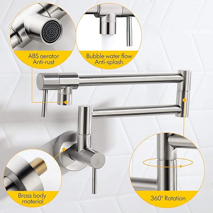 Fransiton Brushed Nickel Pot Filler, Pot Filler Faucet Wall Mount, Brass Folding Stretchable with Double Joint Swing Arm Single Hole Two Handles Kitchen Restaurant