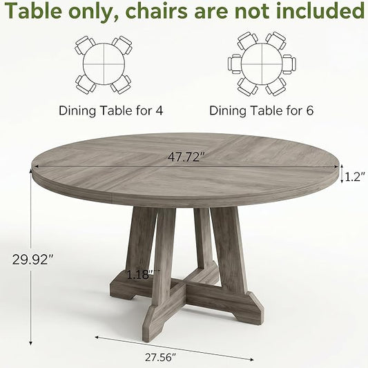 GarveeHome Round Dining Table for 4, 47 Inches Dining Room Table with Wooden Base, Kitchen Table with Circle Tabletop, Dinner Table for Dining Room, Kitchen, Living Room, Grey