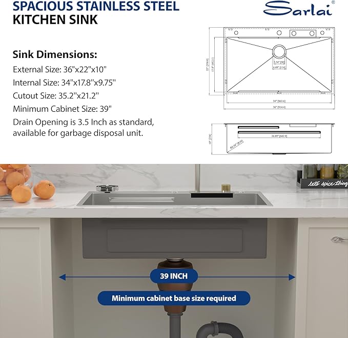 Sarlai 36 Inch Waterfall Kitchen Sink Workstation - 36x22 Waterfall Drop In Sink Stainless Steel 16 Gauge Sink Multifunction Single Bowl Smart Top Mount Kitchen Sinks with Faucet Combo