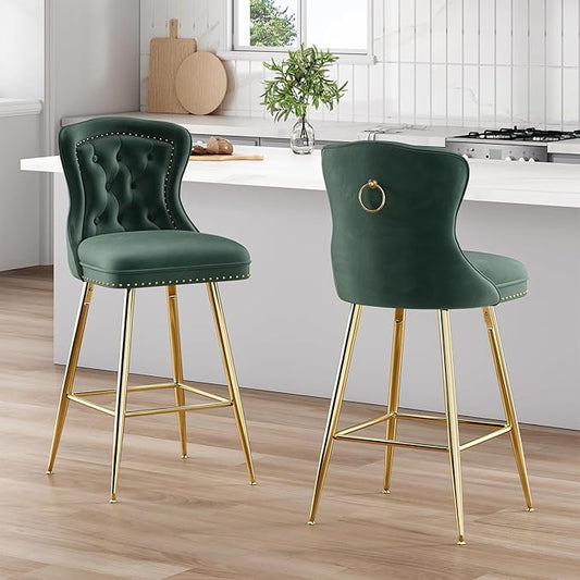 Stools Set of 2, Velvet Counter Height with Metal Legs, Button Tufted and Nailheads Trim, Wing-Back Chairs for Kitchen Island Dining Room Pub, Green