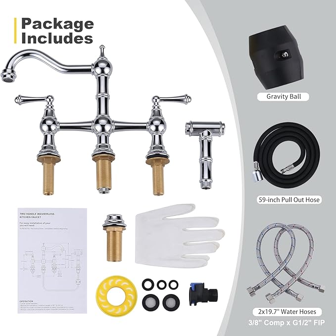 WOWOW 4 Hole Kitchen Faucet with Sprayer, 8 Inch Centerset Brass Bridge Kitchen Faucet 2 Handle with Side Sprayer, Vintage Farmhouse Kitchen Sink Faucet Chrome