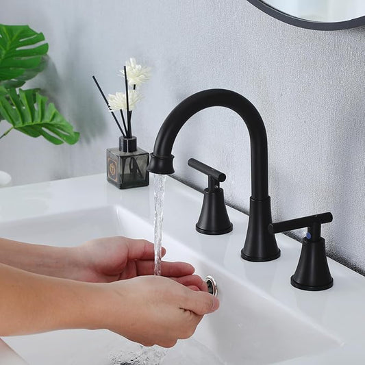 HOTIS Black Bathroom Faucet 3 Hole, 2 Handle 360° Swivel Matte Black 8 Inch Widespread Bathroom Sink Faucet, Lavatory Sink Faucet with Pop-up Drain and Supply Lines, HT-MC-032B
