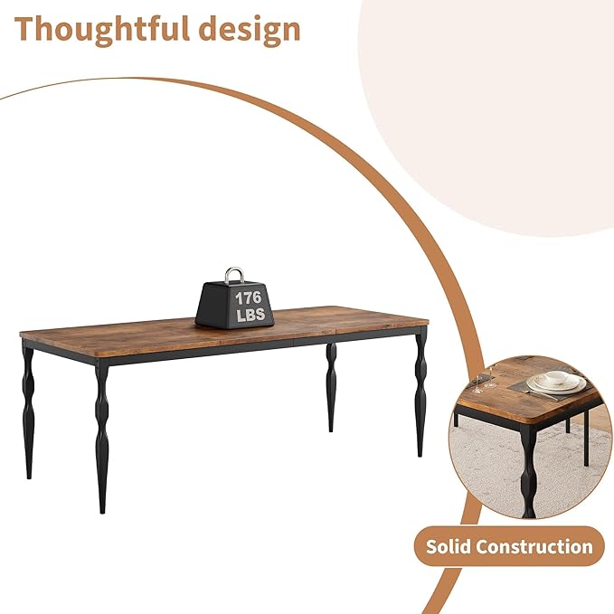 78" Modern Dining Table with Heavy-Duty Metal Legs, Farmhouse Kitchen Table for 6-8 Family, Rustic Brown Wood Top with Spindle Design for Dining Room, Home Office, Apartment