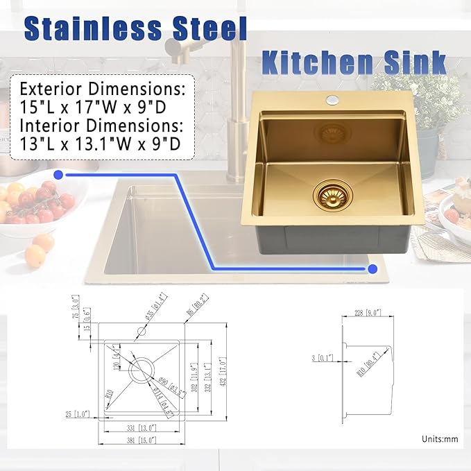15x17 Gold Drop In Bar Sink with Faucet - 15 Inch Gold Drop In Small Kitchen Sink and Faucet Combo Set, 9 Inch Deep Stainless Steel Bar Sinks Workstation with Accessories