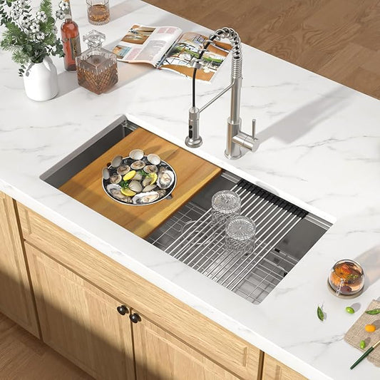 36 Inch Undermount Kitchen Sink - 36x19 Workstation All-In One 16 Gauge T-304 Stainless Steel Single Bowl Under Counter Large Kitchen Sink with Cutting Board and New-Accessories #TLU-0037