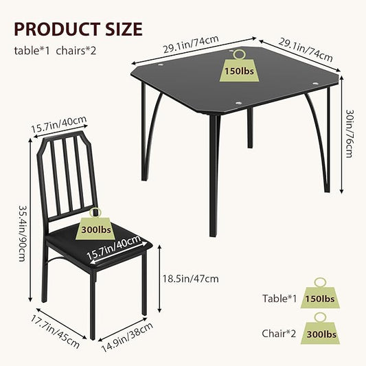 IDEALHOUSE Dining Table Set for 2, Kitchen Table Set of 2 with Upholstered Cushion Chairs, Dining Room Table Set for 2 with Kitchen Chairs, Easy to Assemble, Suitable for Apartment - (Shadow Glass)