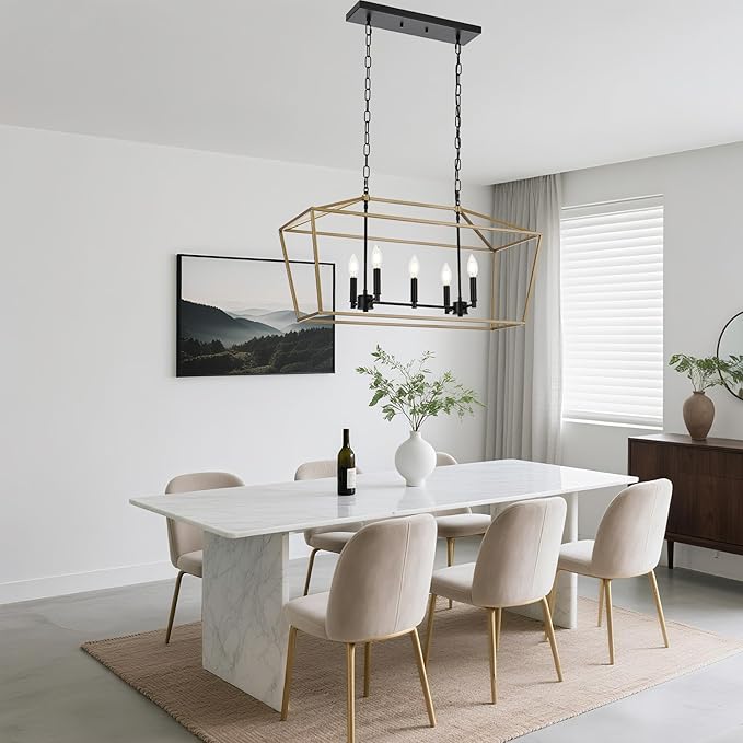 5-Light Kitchen Island Chandelier, Large Farmhouse Linear Pendant in Black and Gold, Vintage Lantern Hanging Light Fixture for Dining Room Over Table, Height Adjustable