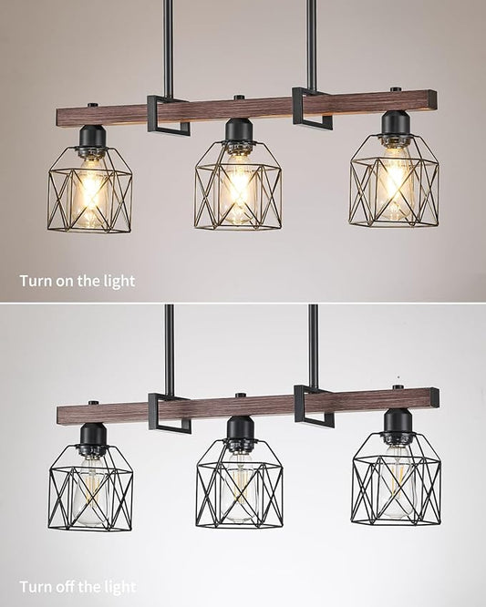 Industrial Pendant Light Fixture, 3-Light Kitchen Island Lighting with Wood Grain Bar and Black Metal Cage, Farmhouse Rustic Hanging Ceiling Lamp for Dining Room, Living Room