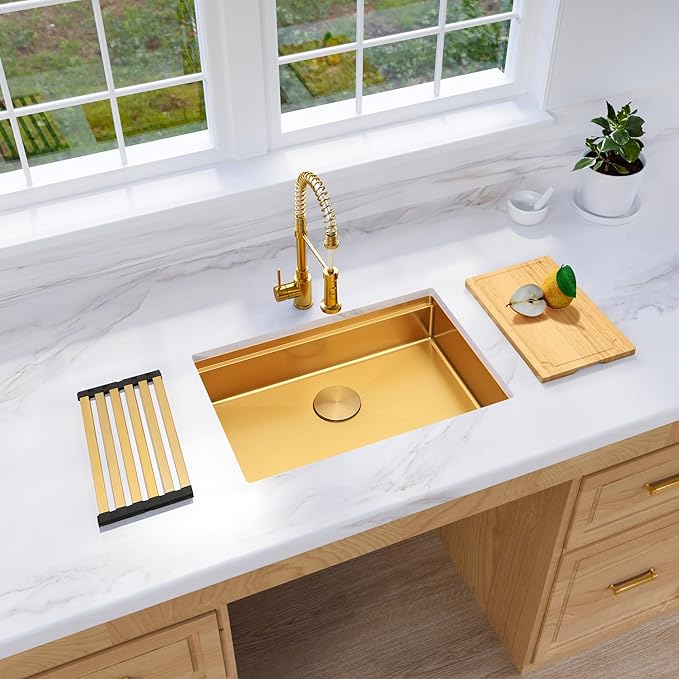 Gold Undermount Kitchen Sink, 16 Guage 304S Stainless Steel Workstation Sinks with Ledge & Accessories, 27" x 18" x 6" ADA-Compliant Single Bowl Kitchen Sinks, 6 Inch Depth RV Kitchen Sink