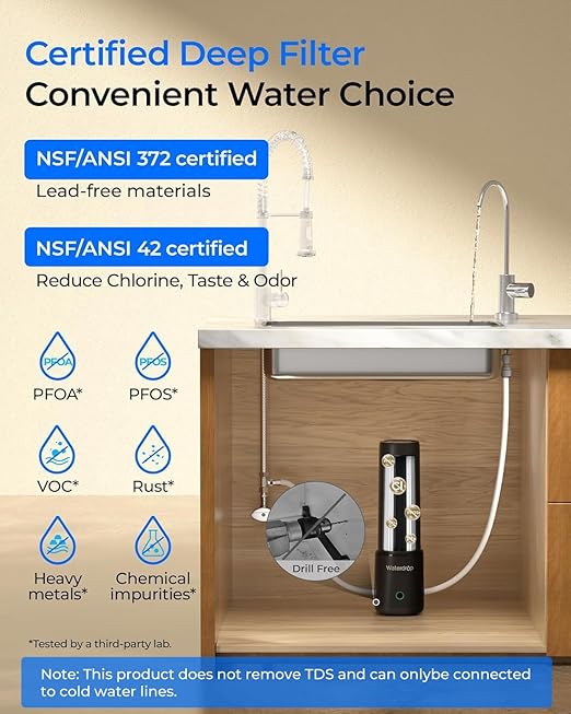 Waterdrop UL12B Under Sink Water Filter, Upgraded for 10UB, No-Drill Filter Housing (Faucet Drilling Required), with Brushed Nickel Faucet, Reduces Chlorine, Bad Taste & Odor, 1 Year (Filter: FUL12)