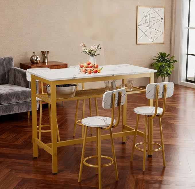 5 Piece Bar Table Set with 4 Stool Modern Bar Height with Storage Shelves Faux Marble Table Top with Gold Metal Frame Bar Table Set for Kitchen Dining Room Small Space