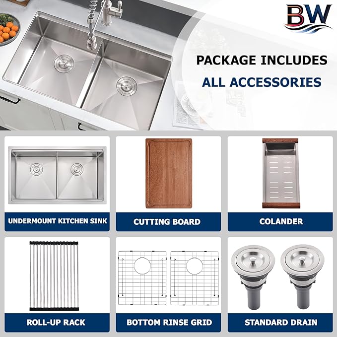 33 Inch Undermount Kitchen Sink Double Bowl - 16 Gauge Stainless Steel Undermount Double Bowl Workstation Kitchen Sink 50/50, 33x19 Inch