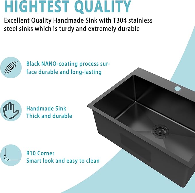 Black Kitchen Sink, 28x20 Drop-In Topmount Single Bowl, 18 Gauge T304 Stainless Steel, 9 Inch Deep, Grid & Basket Strainer