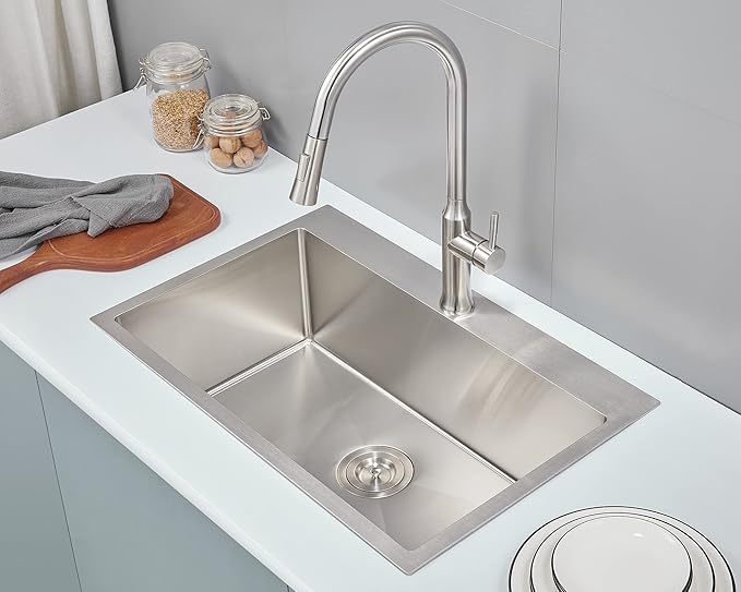 MENATT 30 inch Drop in Kitchen Sink, 304 Stainless Steel Single Bowl Topmount Kitchen Sink with 1 Hole, 9 inch Deep Single Bowl Sink, D30""xW18""xH9"", Brushed, OKL3018U-24