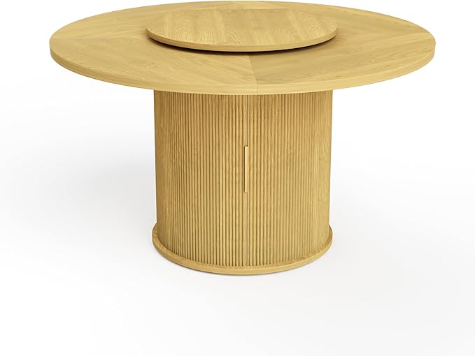 55 inch Round Dining Table for 4-6, Round Wooden Dining Table with Rotating Tabletop Tray & Sliding Door Base, Modern Farmhouse Kitchen Table with 2 Tier Storage Shelf for Kitchen Living Room, Natural