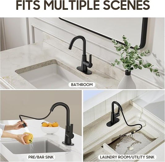 Phiestina High Arc Bathroom Sink Faucet with Pull Down Sprayer, Tall Matte Black Single Handle Pull Out Faucet with Pop-Up Drain, 1 or 3 Hole Laundry Bar Basin Faucet with Deck Plate WE10CL-ZY-MB