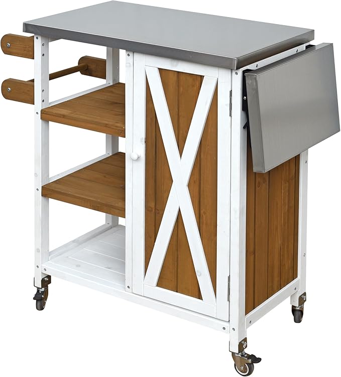 MERITLINE Foldable Outdoor Kitchen Island with Stainless Steel Top, Lockable Rolling Casters & Towel Rack, Mobile BBQ Prep Cart with Open Shelves and Hidden Cabinet for Patio, Balcony, White+Brown