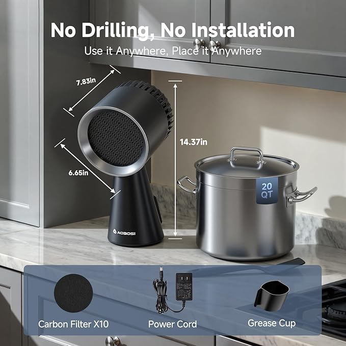 AAOBOSI Portable Range Hood Kitchen,10 Layer Filter Compact Desktop Exhaust Fan, Powerful 3-Speed Smoke Removal, Low Noise Countertop Range Hood, Oil Cup, for Apartments, Dorm, RV, Indoor BBQ