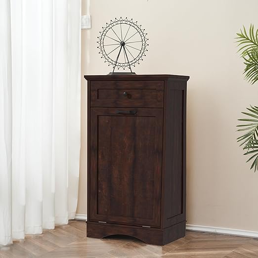 13 Gallons Tilt Out Trash Cabinet Freestanding Kitchen Trash Bin Cabinet Wood Garbage Recycling Cabinet with Hideaway Drawer Pet Proof Trash Can Holder for Kitchen Living Room, Brown